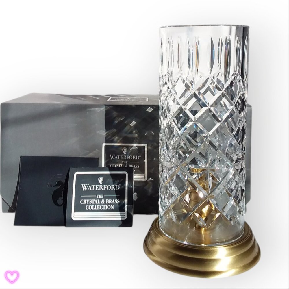 Vtg Waterford Crystal Hurricane Candle Holder Matte Brass 135773 Ireland BOXED
